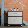 The steel tool cabinet has drawers on top and an open cabinet on the bottom It can be wheeled with wheels(Black and grey)