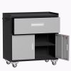 The steel tool cabinet has drawers on top and an open cabinet on the bottom It can be wheeled with wheels(Black and grey)