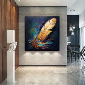 Handmade Oil Painting Original Abstract Feather Oil Painting on Canvas Large Wall Art Golden Texture Painting Minimalist Art Custom Living Room Decor (size: 70x70cm)